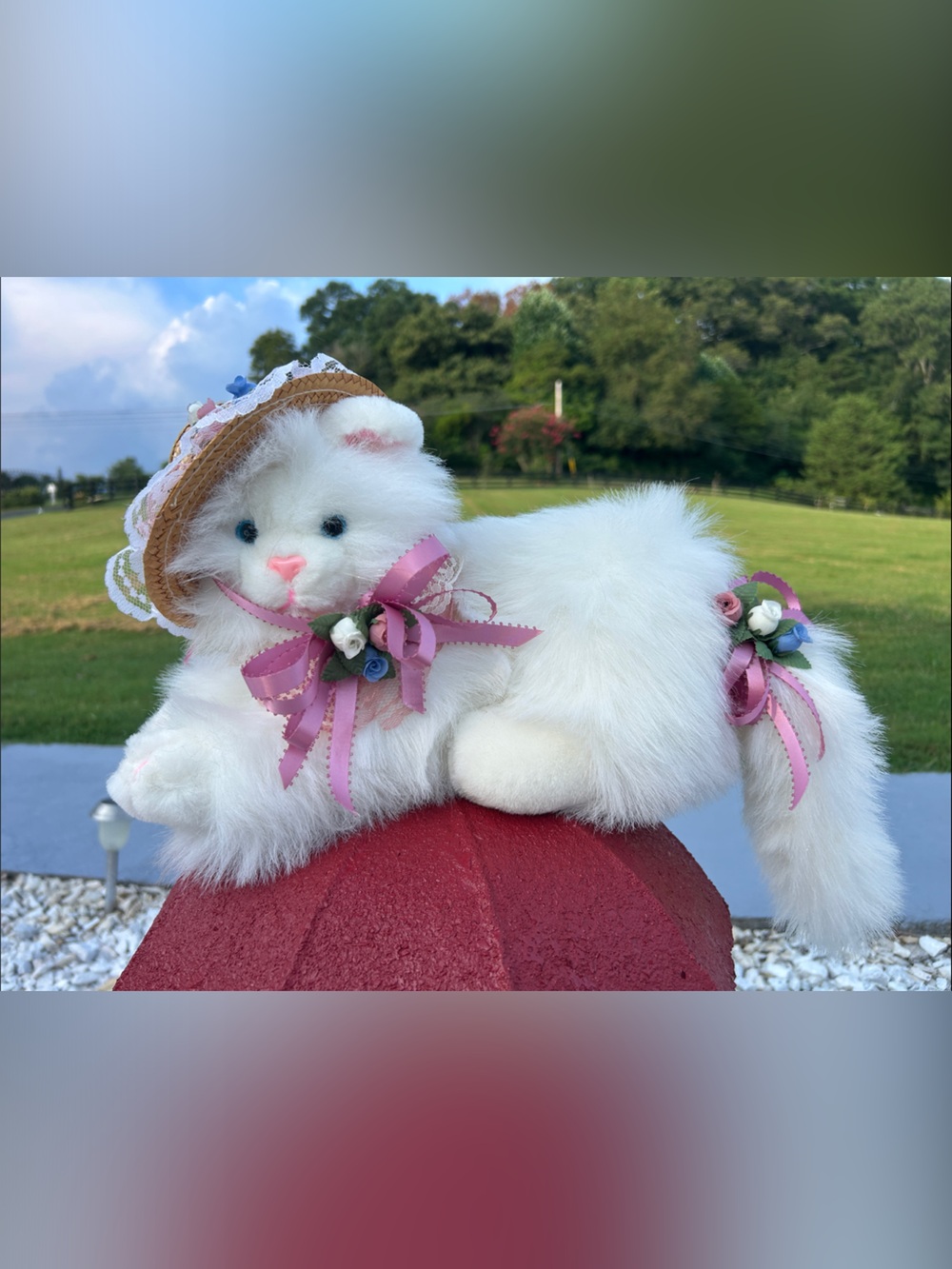 White Plush Cat Toy with Pink Ribbon and Floral Hat